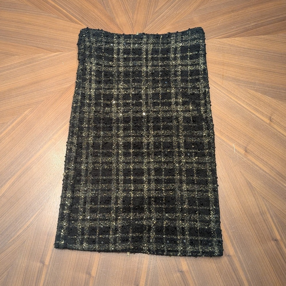 Forever 21 Pencil Skirt Women Medium Black Gold Excellent Plaid Sequin Boucle